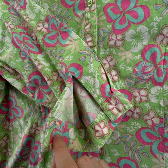 Duck Head Medium Women Button Up Floral Shirt Green Pink 1/2 Sleeve Stretch - Picture 12 of 14
